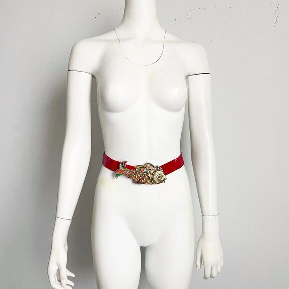 Mimi D In Koi Fish Belt Buckle Gold Metal Enamel Oversized Rare Vintage - Picture 7 of 11